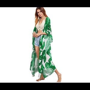 Green & White Floral Print Long Kimono